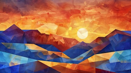 Cubist-inspired sunset over plains reimagined through geometric shapes