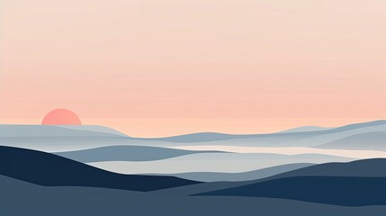 Wall Mural - Minimalist depiction of sunset over plains with soft simplified forms and tones