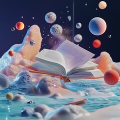 Sticker - An open book lays on a platform of foam and water, with droplets and orbs floating around it, against a dark blue background.