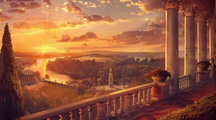 Wall Mural - Neo-classical sunset over plains with harmonious composition and architectural detail