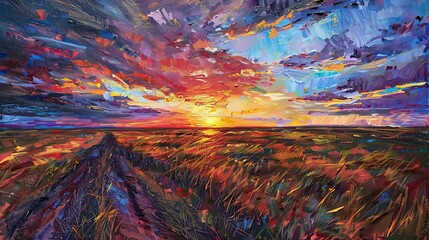 Wall Mural - Sunset over plains in post-impressionist style vibrant colors and textured brushwork