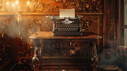 Fototapete - Golden light enhances a baroque typewriter scene with intricate carved desk details