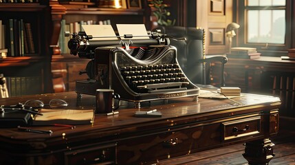 Fototapete - Vintage typewriter on a Renaissance-inspired desk illuminated by natural light