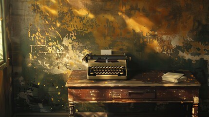 Fototapete - Loose brushstrokes capture sunlight and shadows on typewriter and rustic desk