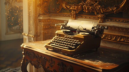 Fototapete - Soft golden light on vintage typewriter and ornately carved desk with baroque design