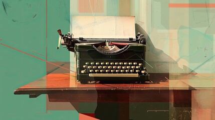 Fototapete - Typewriter on geometric wooden desk with sharp industrial details in constructivist style