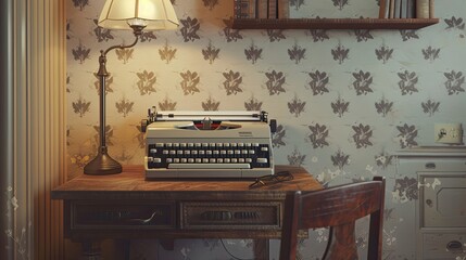 Fototapete - Minimalist typewriter on a clean wooden desk with simple lines and neutral tones