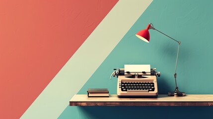 Fototapete - Bauhaus typewriter scene with geometric forms and minimalist desk in primary colors