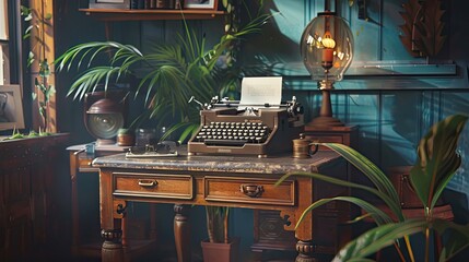 Fototapete - Dadaist scene with typewriter and playful desk featuring absurd unconventional elements