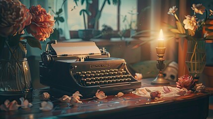 Fototapete - Romantic light enhances typewriter and desk creating a serene emotional scene
