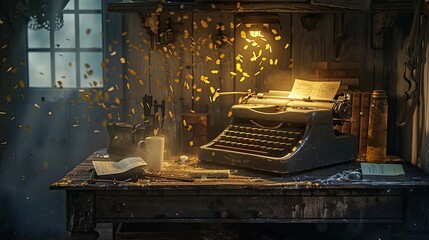 Fototapete - Symbolism-inspired typewriter scene with dreamlike atmosphere and deeper meanings