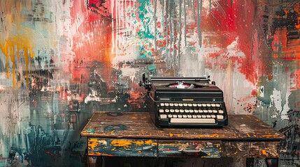 Fototapete - Exaggerated colors and raw brushstrokes create a neo-expressionist typewriter scene