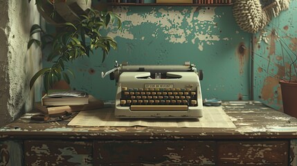 Fototapete - Retro lo-fi typewriter scene on desk with vintage textures and serene atmosphere