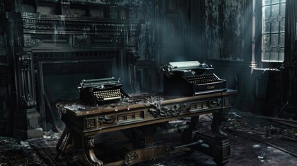 Fototapete - Gothic-inspired desk and typewriter scene with a brooding and dramatic atmosphere