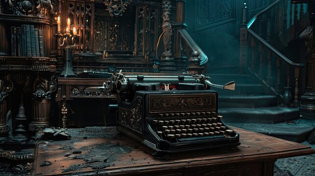 Gothic typewriter scene on ornate desk with intricate details and a brooding atmosphere