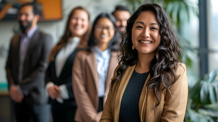 Happy smiling confident female Hispanic businesswoman team leader standing together with diverse multiethnic business group in office. Company professional multinational staff portrait