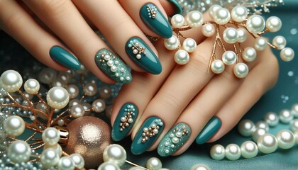 A hand with teal nail polish adorned with rhinestones and pearls, resting on a surface with pearl decorations and a golden bauble.

