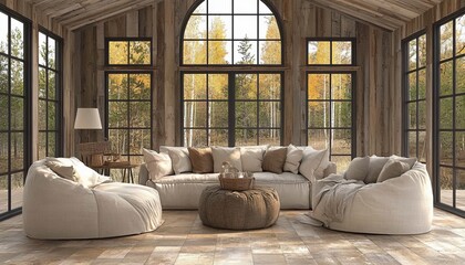 Wall Mural - Rustic Chic Living Room Interior With Large Windows, Wood Paneling, And Comfortable Seating