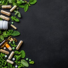 Scattered wild herbs and supplements on dark background with soft lighting, homeopathy, natural healing products with mood lighting