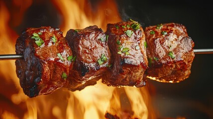 Large skewers of beef rotating in an open fire rotisserie, flames and heat visible, rotisserie beef, traditional cooking