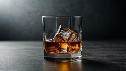 Canvas Print - Elegant whiskey glass with ice cubes against a minimalistic backdrop.