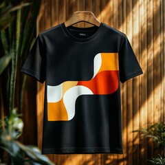 Wall Mural - Black t-shirt with abstract geometric design in yellow, orange, white and red.