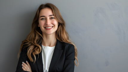 Happy young business woman posing isolated over grey wall background