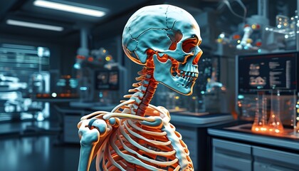 Futuristic holographic representation of human biology showcasing skeletal and muscular systems within an advanced laboratory environment