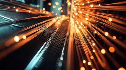 Poster - Neatly arranged networking cables stretch along the ceiling in a server room, creating an impressive visual of organized technology and digital infrastructure