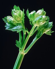 Wall Mural - Close-up of a celery stalk with green leaves and buds against a black background.