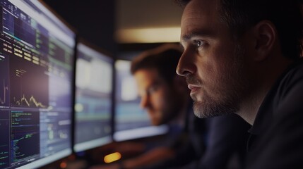 Poster - a group of analysts focuses intently on data from multiple monitors during a collaborative work sess