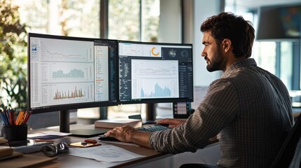 Poster - a man is sitting at his desk, concentrating on two large monitors that display complex data graphs a