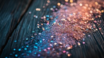 Poster - A closeup view reveals vibrant glitter scattered across a rustic wooden surface, catching the light and creating a sparkling effect in natural daylight