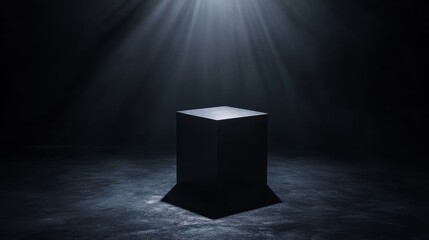Poster - a sleek, black box stands alone in the center of a dimly lit room. soft light highlights its edges, 