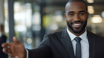 Poster - Smiling young businessman in a suit extends his hand for a handshake