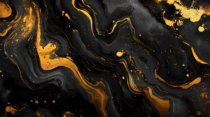 Wall Mural - Black and gold marble abstract background. decorative acrylic paint pouring rock marble texture. horizontal black and gold wavy abstract pattern, created with generative ai. Marble. Illustration