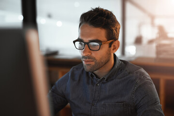 Poster - Office, businessman and thinking with computer for solution, planning and research for company page. Professional career, web designer and thoughts with digital for software, design layout and ideas