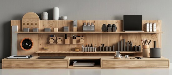 Minimalist wooden shelves displaying a variety of home office supplies accessories and decorative items in a clean organized and functional arrangement  The shelves showcase a selection of containers