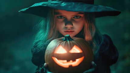 Close-Up of Young Witch with Glowing Halloween Pumpkin