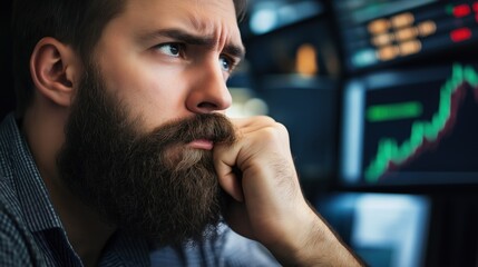 Poster - A man with a beard rests his chin on his hand while analyzing fluctuating financial data displayed on multiple screens in front of him, reflecting deep contemplation