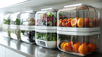 Transparent Plastic Food Storage Containers Neatly Arranged on Shelves Inside a Modern Refrigerator Appliance Showcasing Fresh Fruits and Vegetables for Healthy Meal Prep and Nutrition