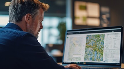 - Focused on his laptop, a man examines intricate geographic data while seated at a desk in a contemporary office during daylight hours