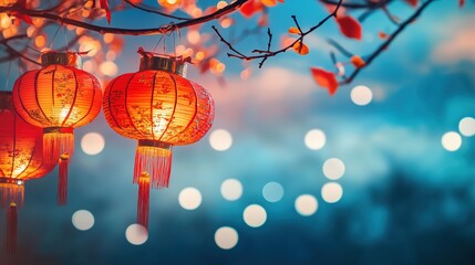 Chinese New Year celebration background featuring traditional red paper lanterns hanging from tree branches, illuminated by soft bokeh lights against an abstract blurred blue night sky. The vibrant re