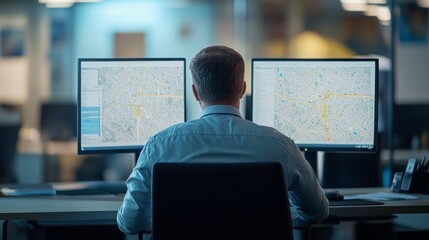 Poster - A professional focuses intently at dual monitors while strategizing transportation routes in a contemporary office space during working hours
