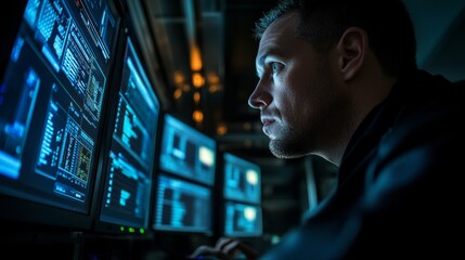 Poster - A technician focuses on multiple screens in a dim server room, analyzing network activity and security alerts while ensuring system integrity during nighttime operations