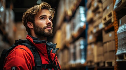 Poster - Worker observing inventory in a warehouse using robotic exoskeleton technology at night