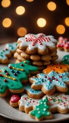 Sticker - Festive plate of Christmas cookies with colorful bokeh lights.