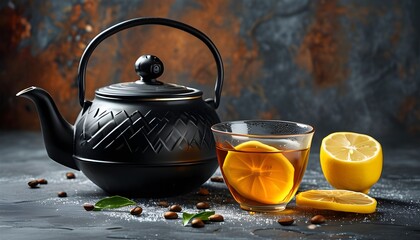 Wall Mural - Cozy winter vibes with a traditional black teapot and lemon slices on a dark backdrop, perfect for café promotions and banners