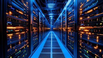 Poster - A vast data center is illuminated by the blinking lights of numerous server racks, creating a colorful array of activity. The wide corridor emphasizes the organized structure of technology