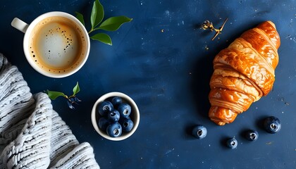 Wall Mural - Cozy winter breakfast of coffee, croissants, and blueberries on a dark blue surface, perfect for a cafe menu or culinary banner design